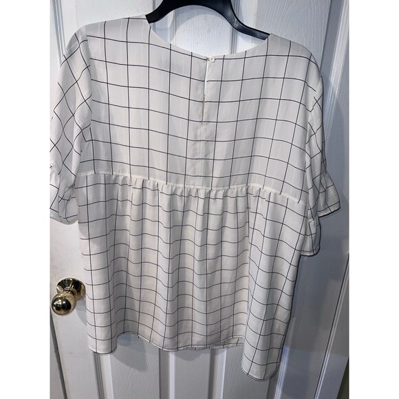 LOFT Ann Taylor Plus Blouse Womens Sz 16 Windowpane Ivory Flare Ruffle Sleeve - Picture 4 of 8